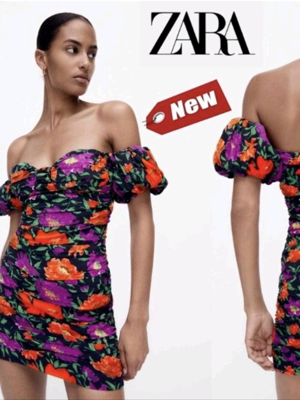 Zara Floral Off-the-Shoulder Short Puff Sleeve Fully Lined Mini Dress, XS - Picture 2 of 14